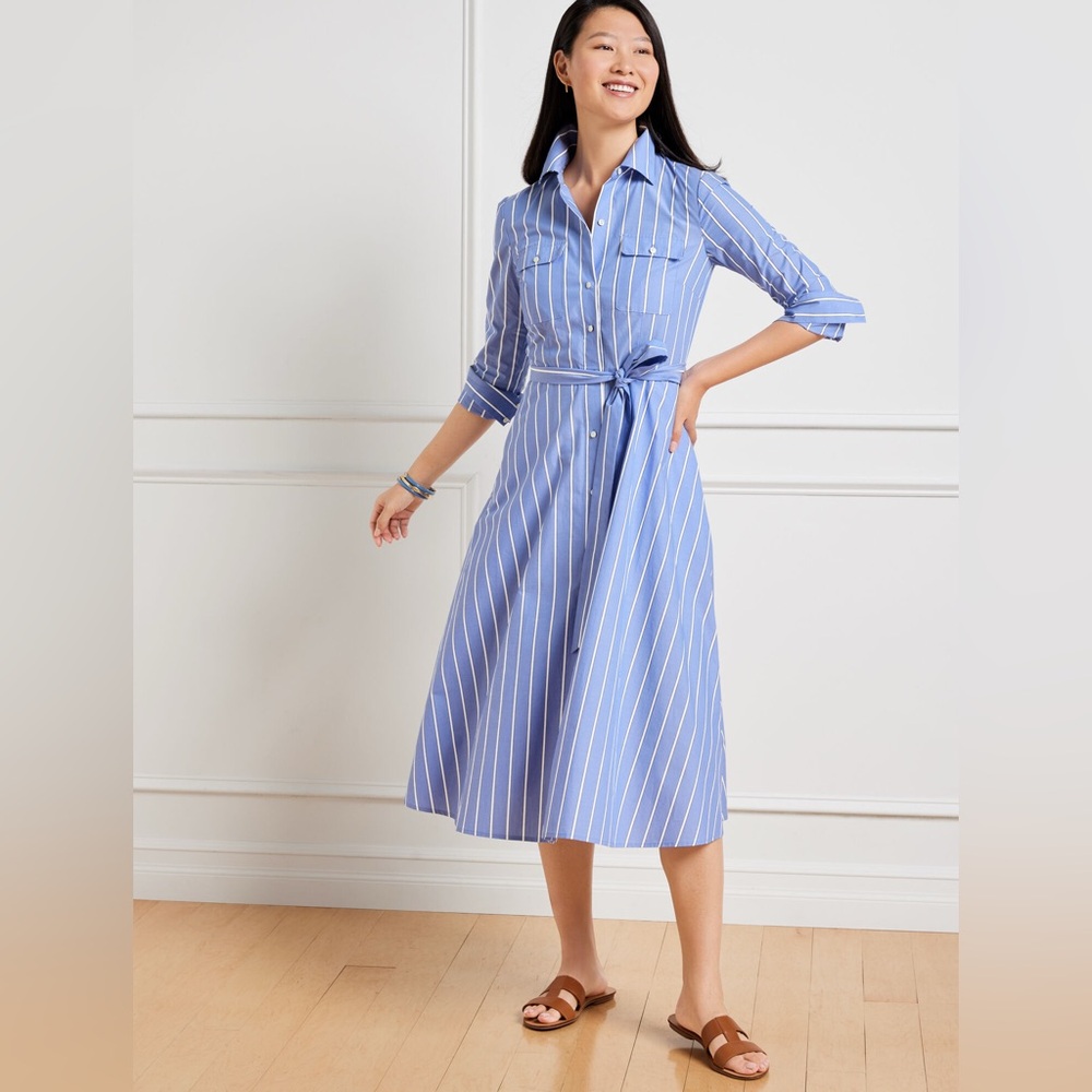 Talbots Blue and White Notched Collar Midi Dress